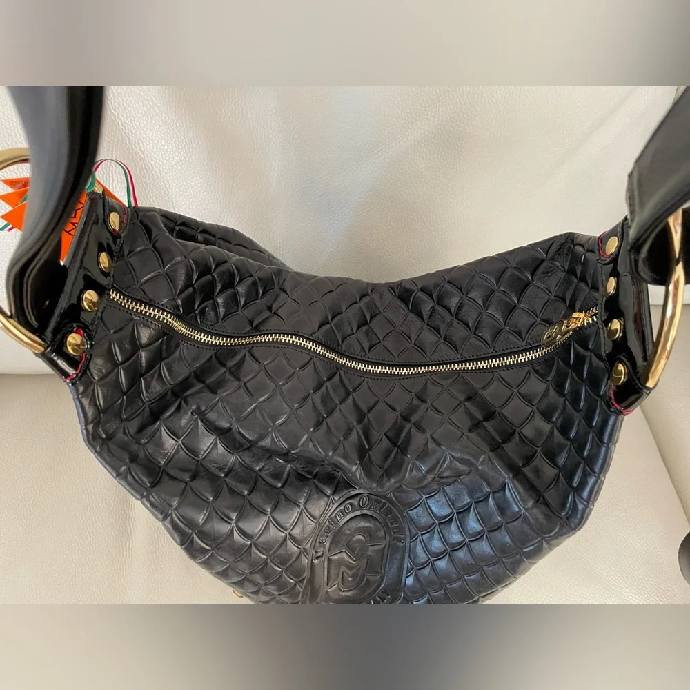 MARINO ORLANDI Italy XL BLACK ShoulderBag/Tote converts to Sling Emboss Leather - Picture 2 of 15